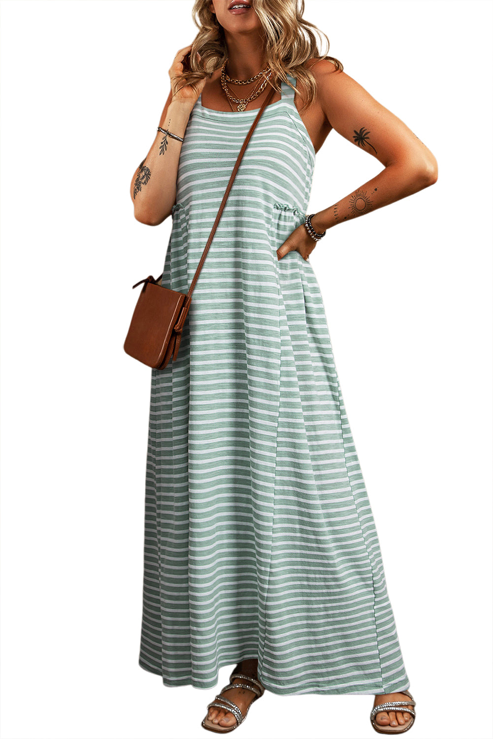 Stripe verde Shirred Camada de cintura con la cintura alta Fit Fit Maxi Vestido