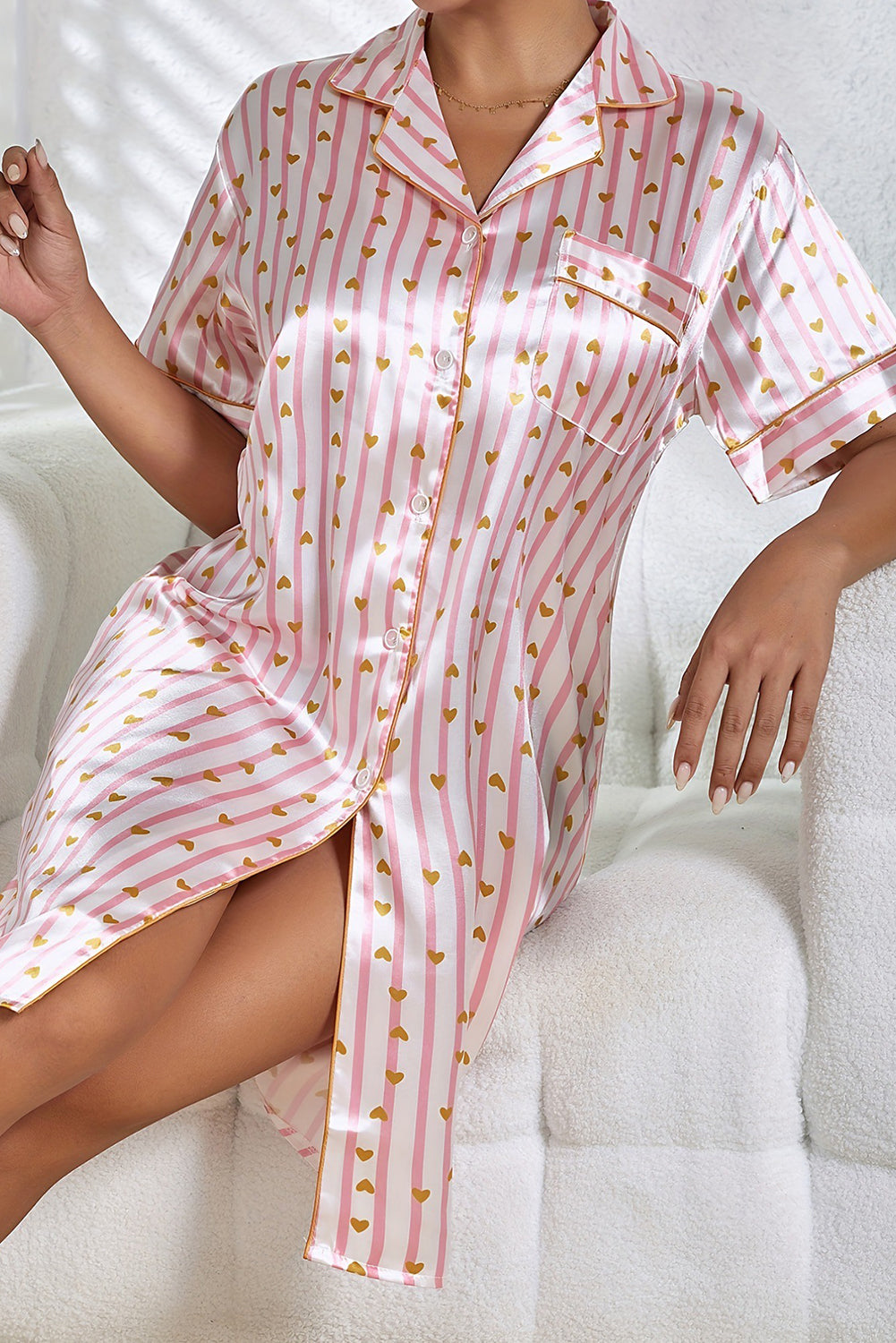 Sweetheart Striped Button-Up Pajama Dress with Short Sleeves