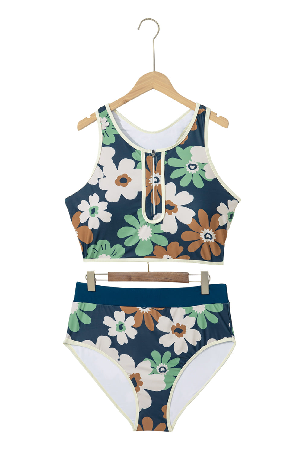 Estampado floral verde con cremallera de talla grande dos piezas bikini