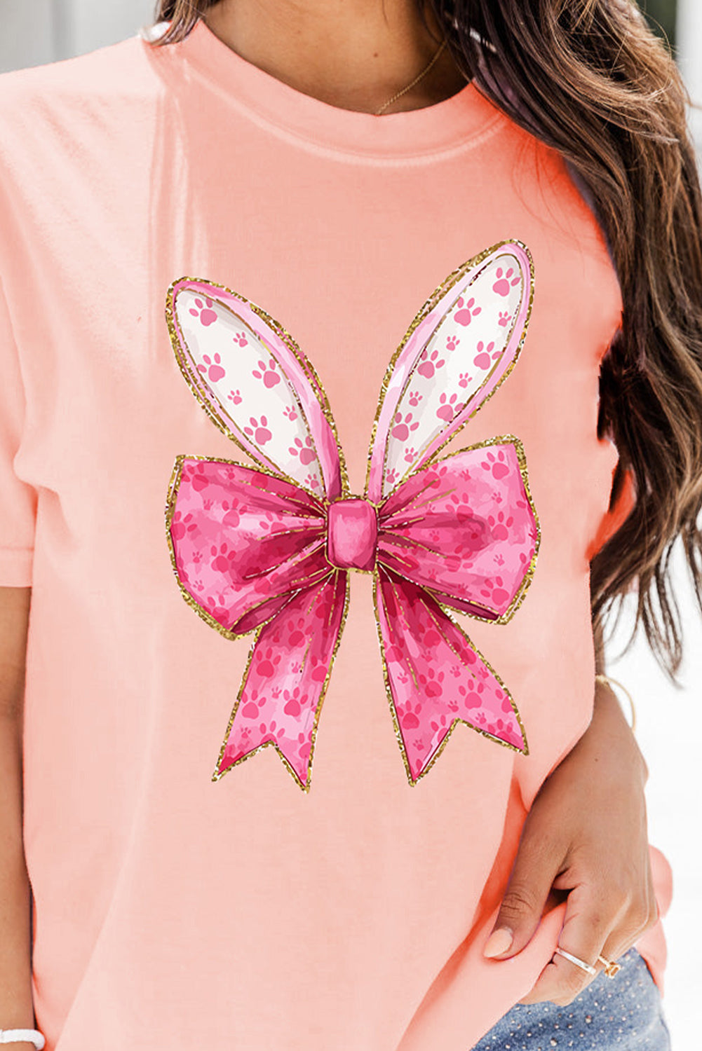 Pink Paw Printed Bow Bunny Easter Day Fashion T Shirt