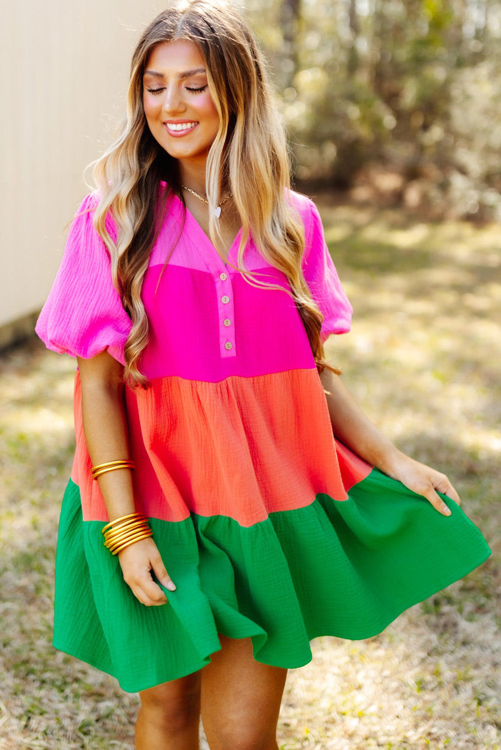 Multicolor Color Block Tiered Puff Sleeve Dress