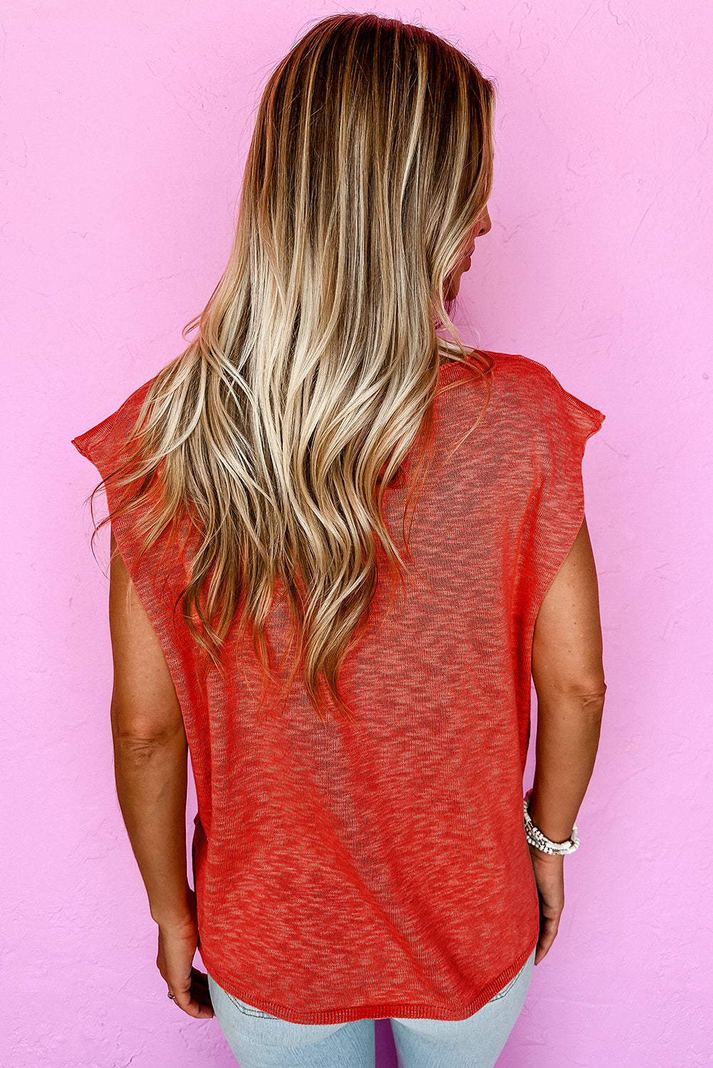 Orange Solid Color Split V Neck Knit Top