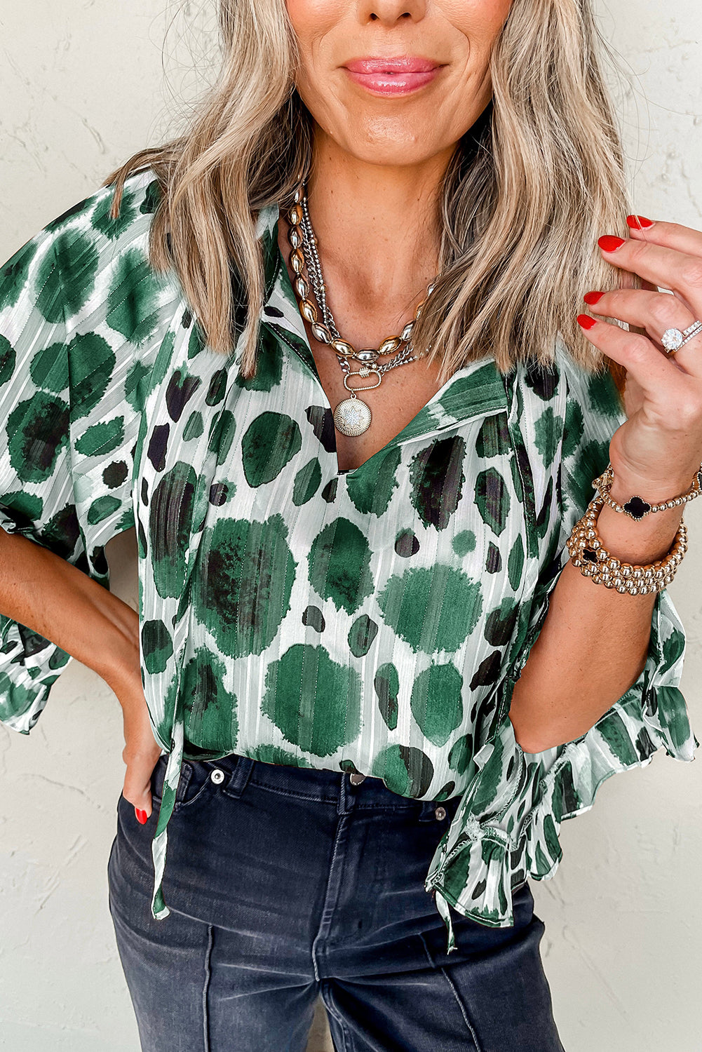 Green Abstract Print Ruffle 3/4 Sleeve Tie Neck Blouse