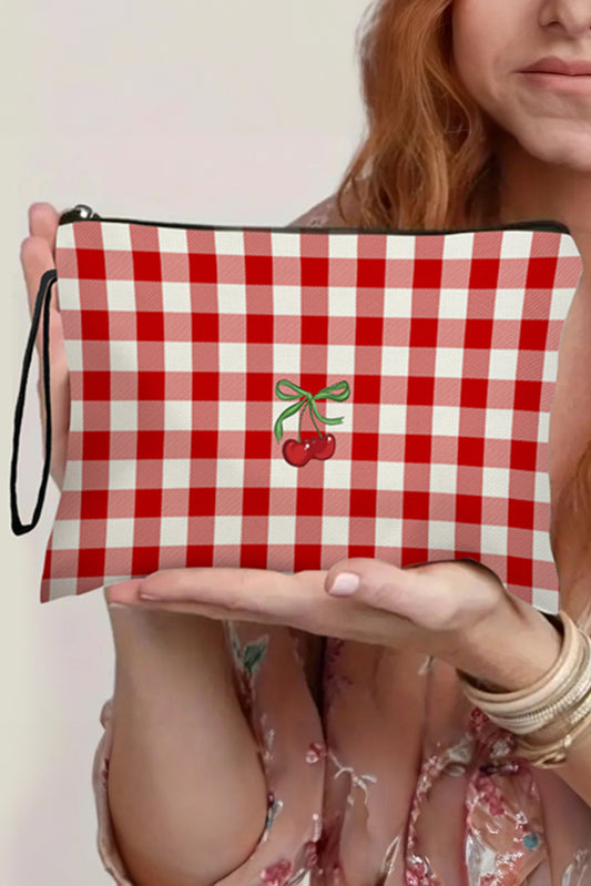 Fiery Red Cherry Plaid Primp Wristlet Zipper Canvas Makeup Bag