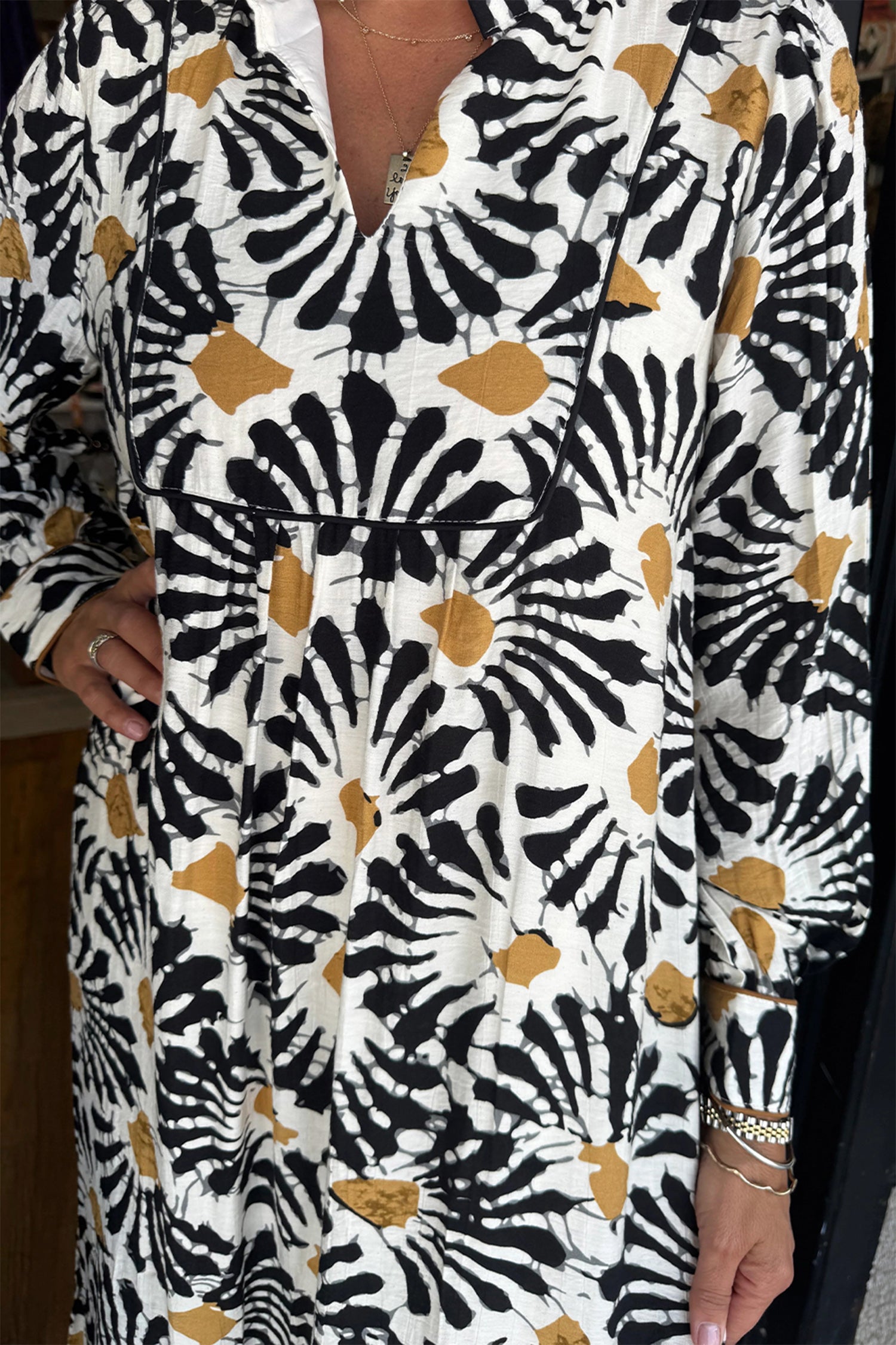 Black Abstract Floral Print Split V Neck Long Dress with Sleeves