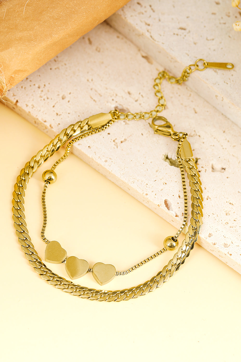 Elegant Adjustable Double Layer Gold Heart Bracelet