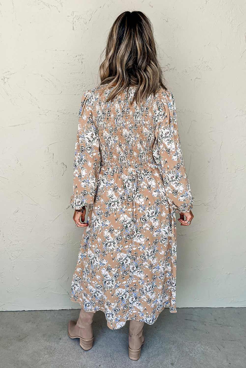 Khaki Floral Puff Sleeve Maxi Dress with Smocked Details