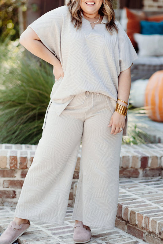 Beige Plus Size Textured Collared Top and Drawstring Pants Set - MAD RUFFI