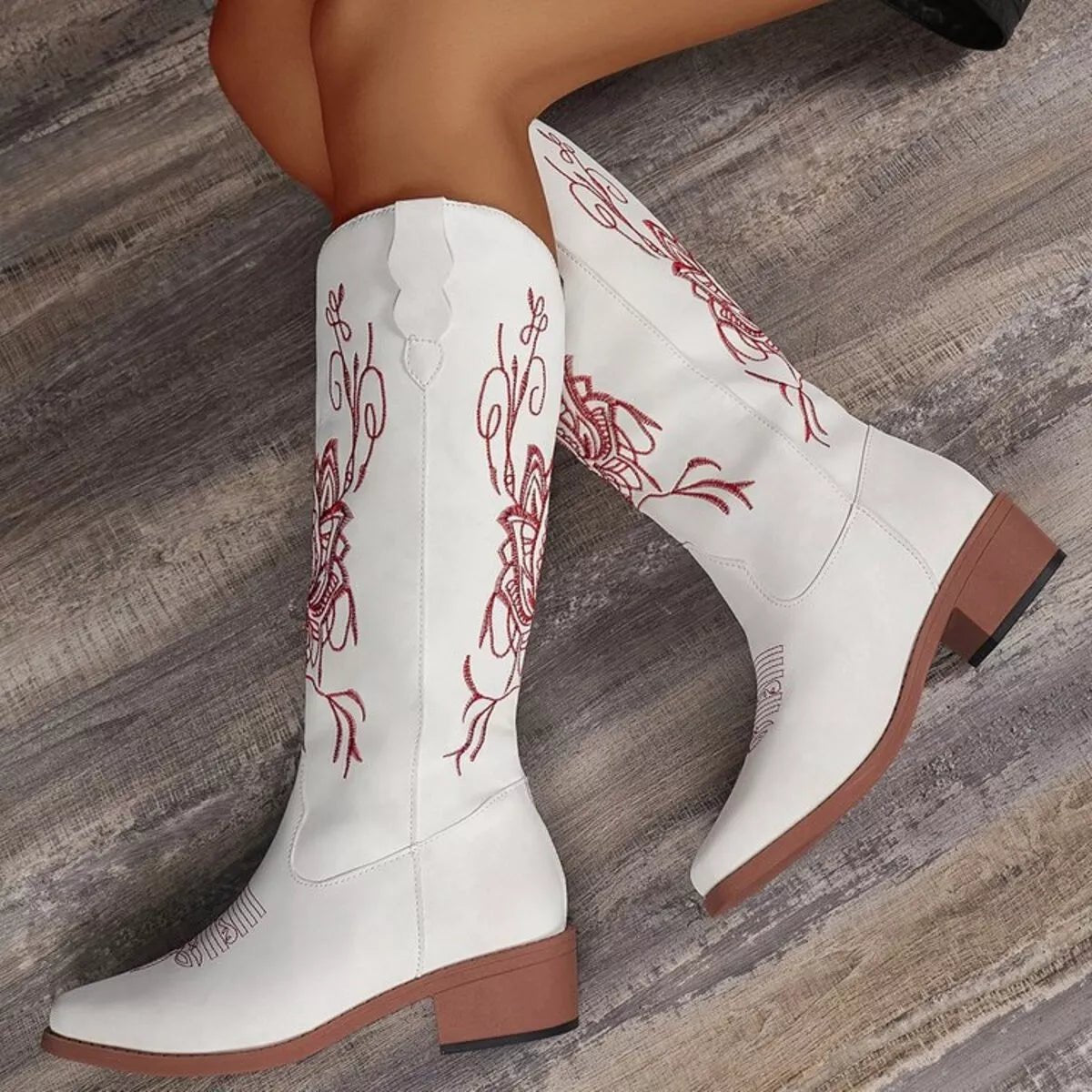Embroidered Block Heels Boots - MAD RUFFI