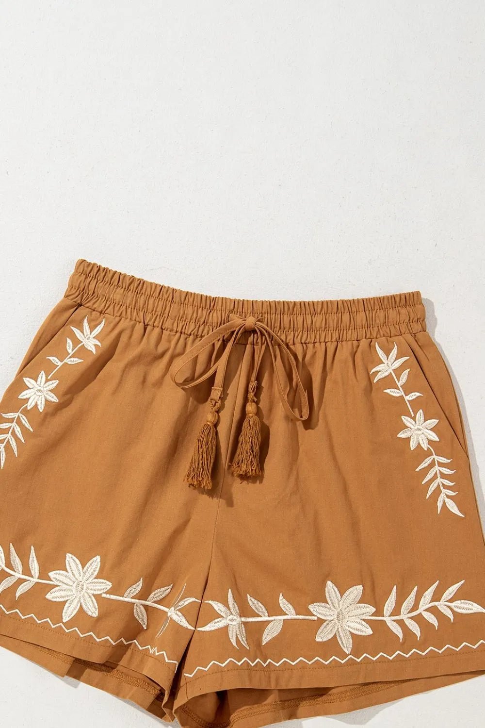 Embroidered Boho Tasseled Drawstring Elastic Waist Casual Shorts - MAD RUFFI