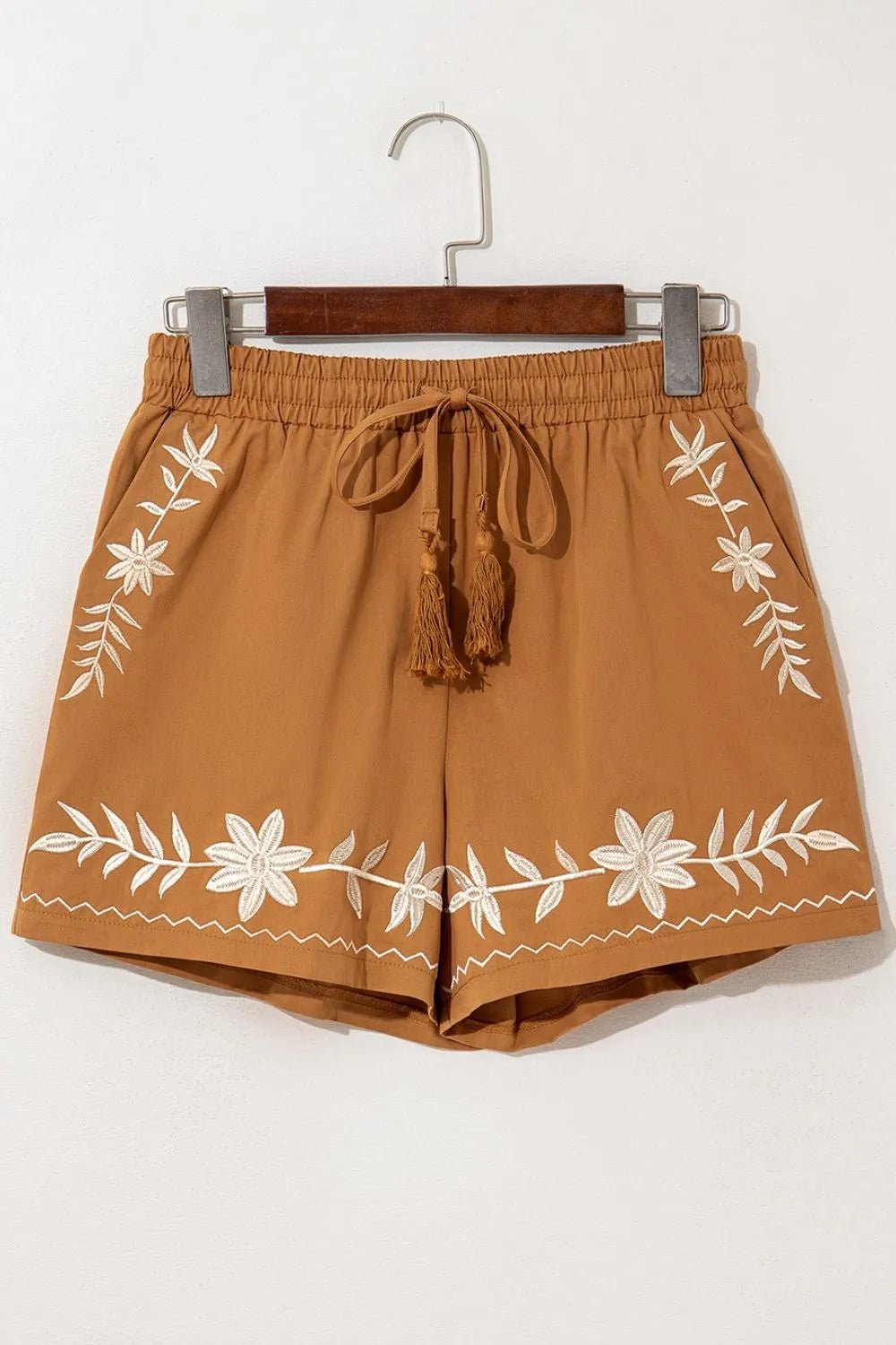 Embroidered Boho Tasseled Drawstring Elastic Waist Casual Shorts - MAD RUFFI