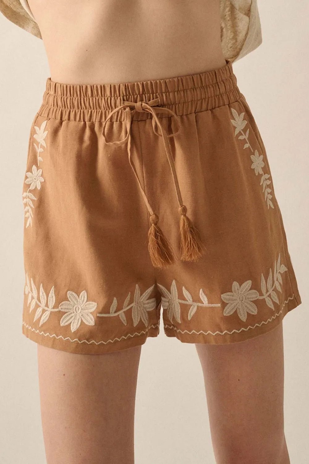 Embroidered Boho Tasseled Drawstring Elastic Waist Casual Shorts - MAD RUFFI