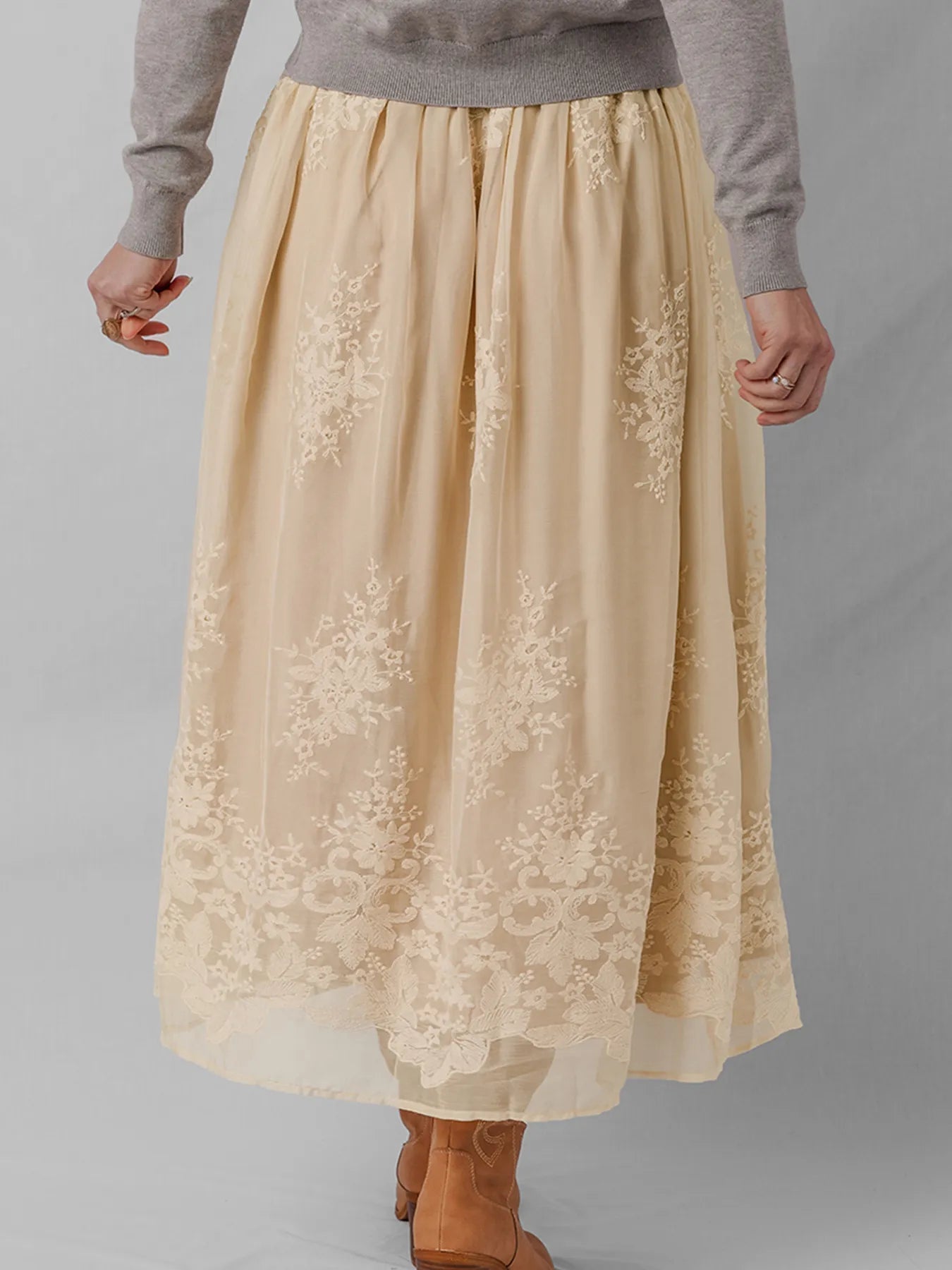 Embroidered Mesh Overlay Flowy Midi Skirt - MAD RUFFI