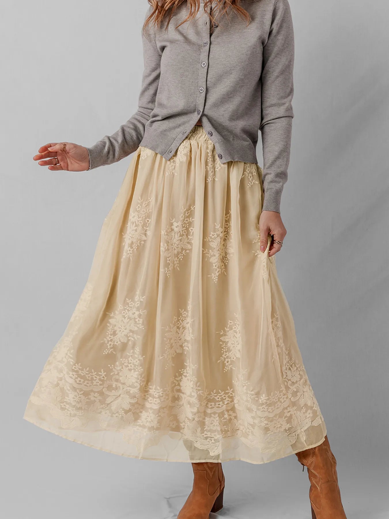 Embroidered Mesh Overlay Flowy Midi Skirt - MAD RUFFI