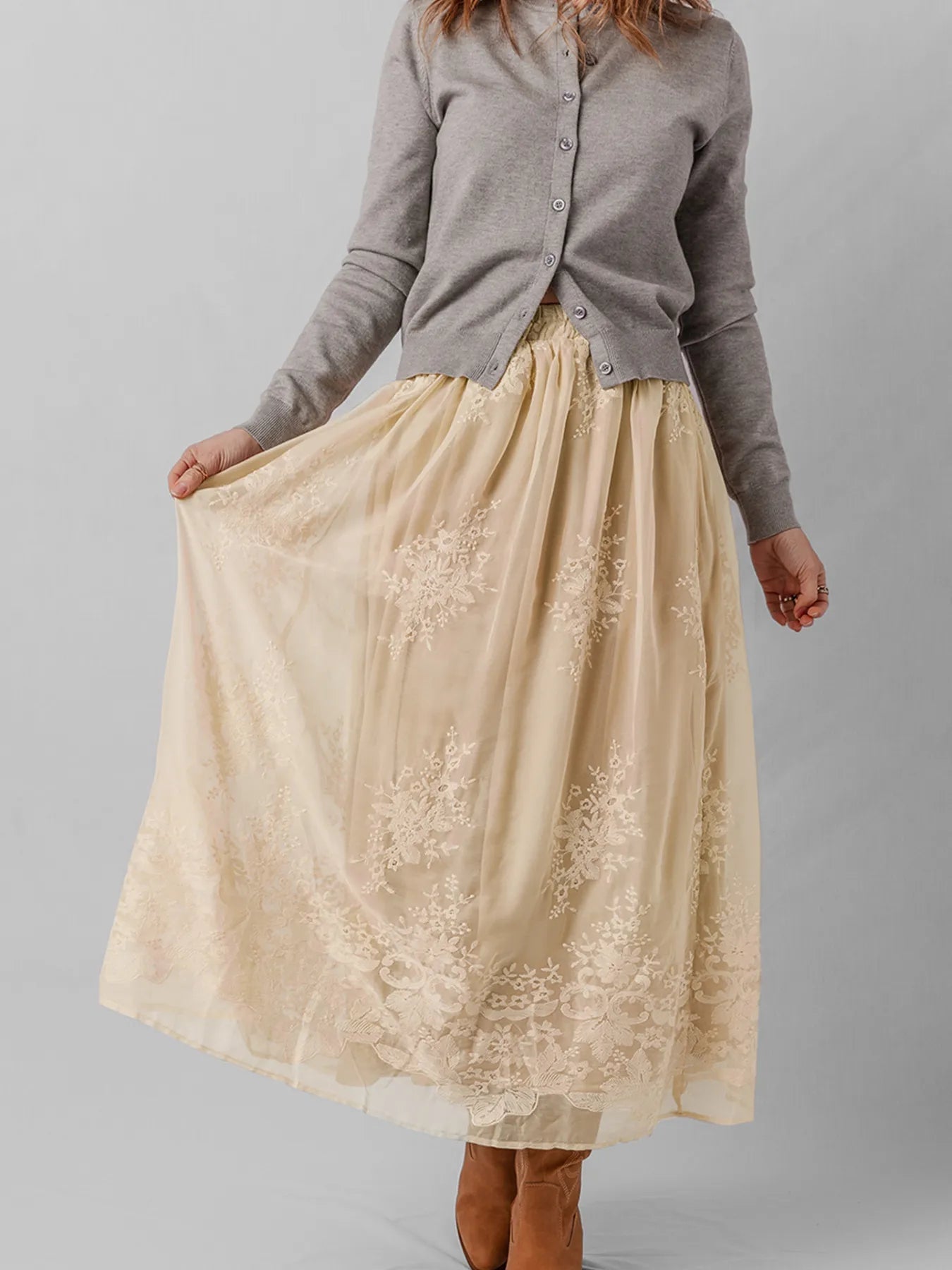 Embroidered Mesh Overlay Flowy Midi Skirt - MAD RUFFI