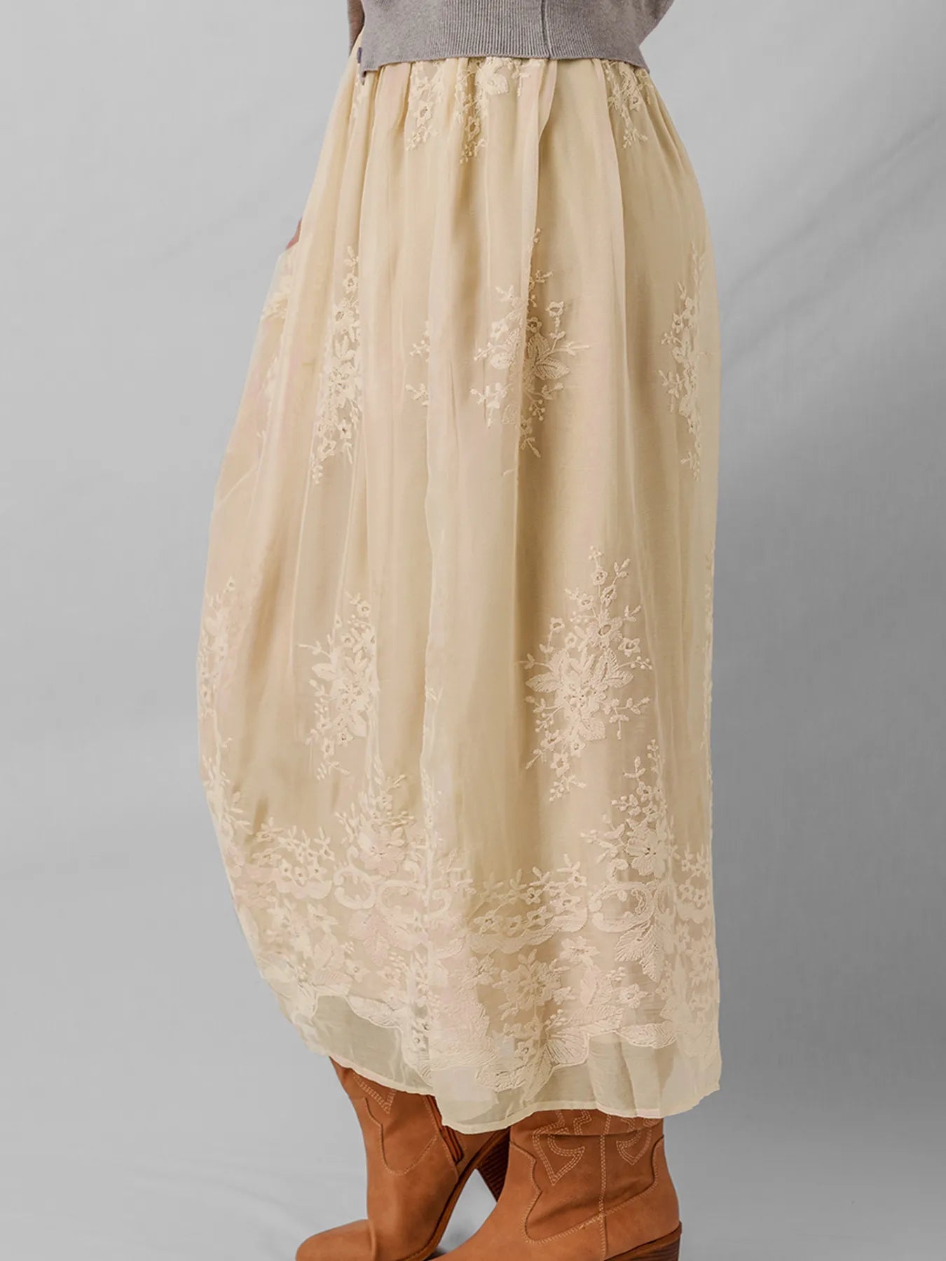 Embroidered Mesh Overlay Flowy Midi Skirt - MAD RUFFI