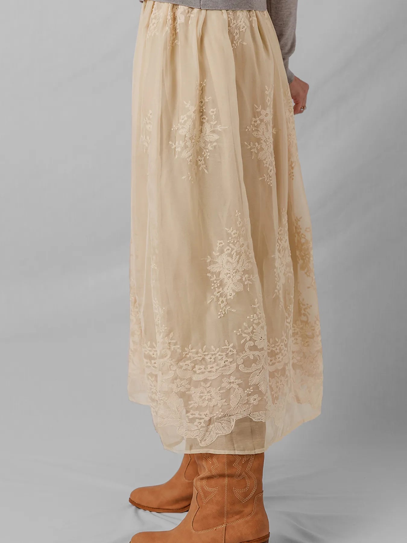 Embroidered Mesh Overlay Flowy Midi Skirt - MAD RUFFI