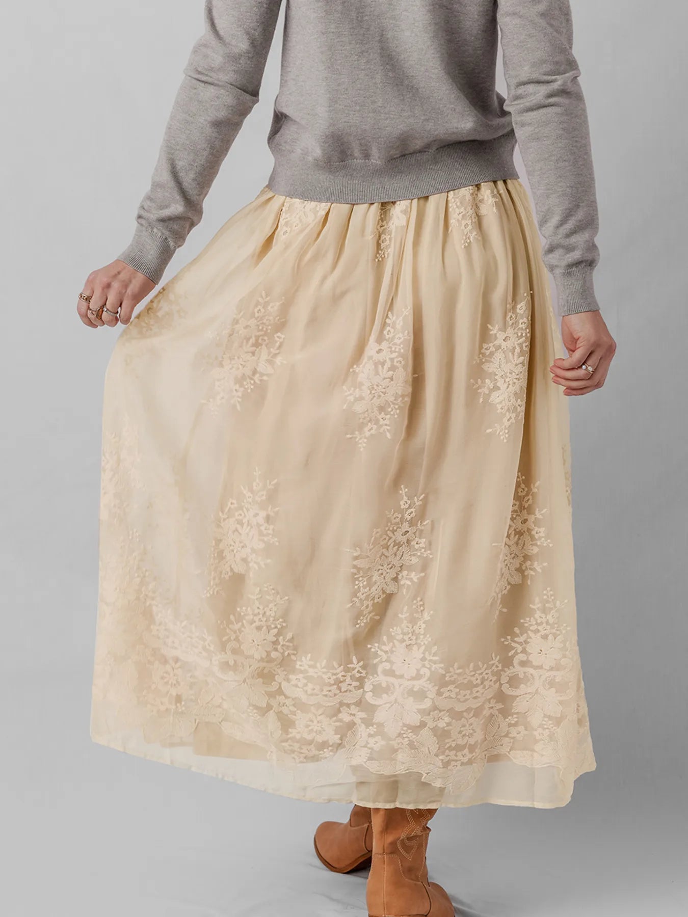 Embroidered Mesh Overlay Flowy Midi Skirt - MAD RUFFI