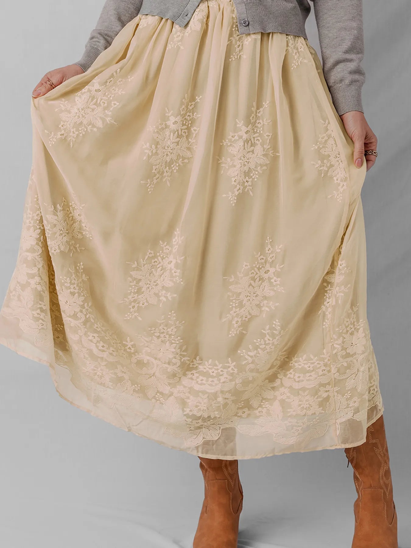 Embroidered Mesh Overlay Flowy Midi Skirt - MAD RUFFI