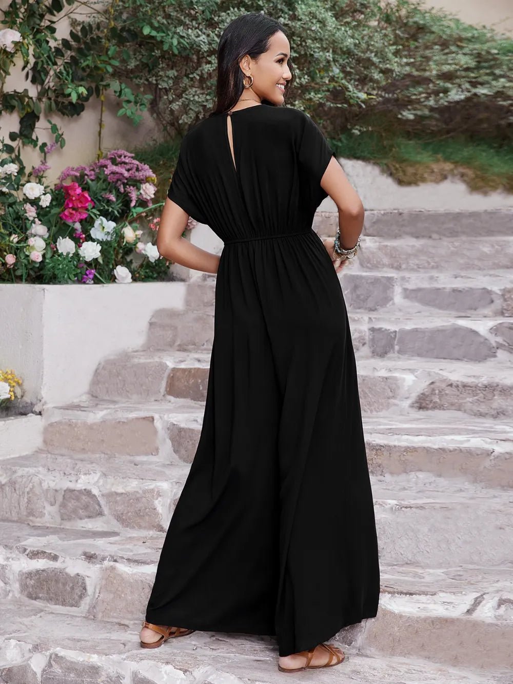 Embroidered Ruched Short Sleeve Jumpsuit - MAD RUFFI