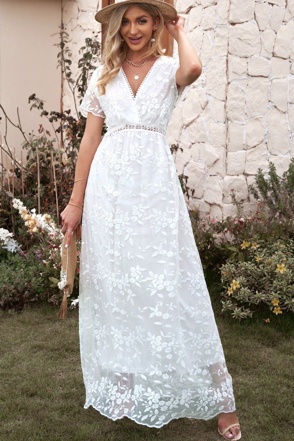 Embroidered Short Sleeve Surplice Neck Maxi Dress - MAD RUFFI