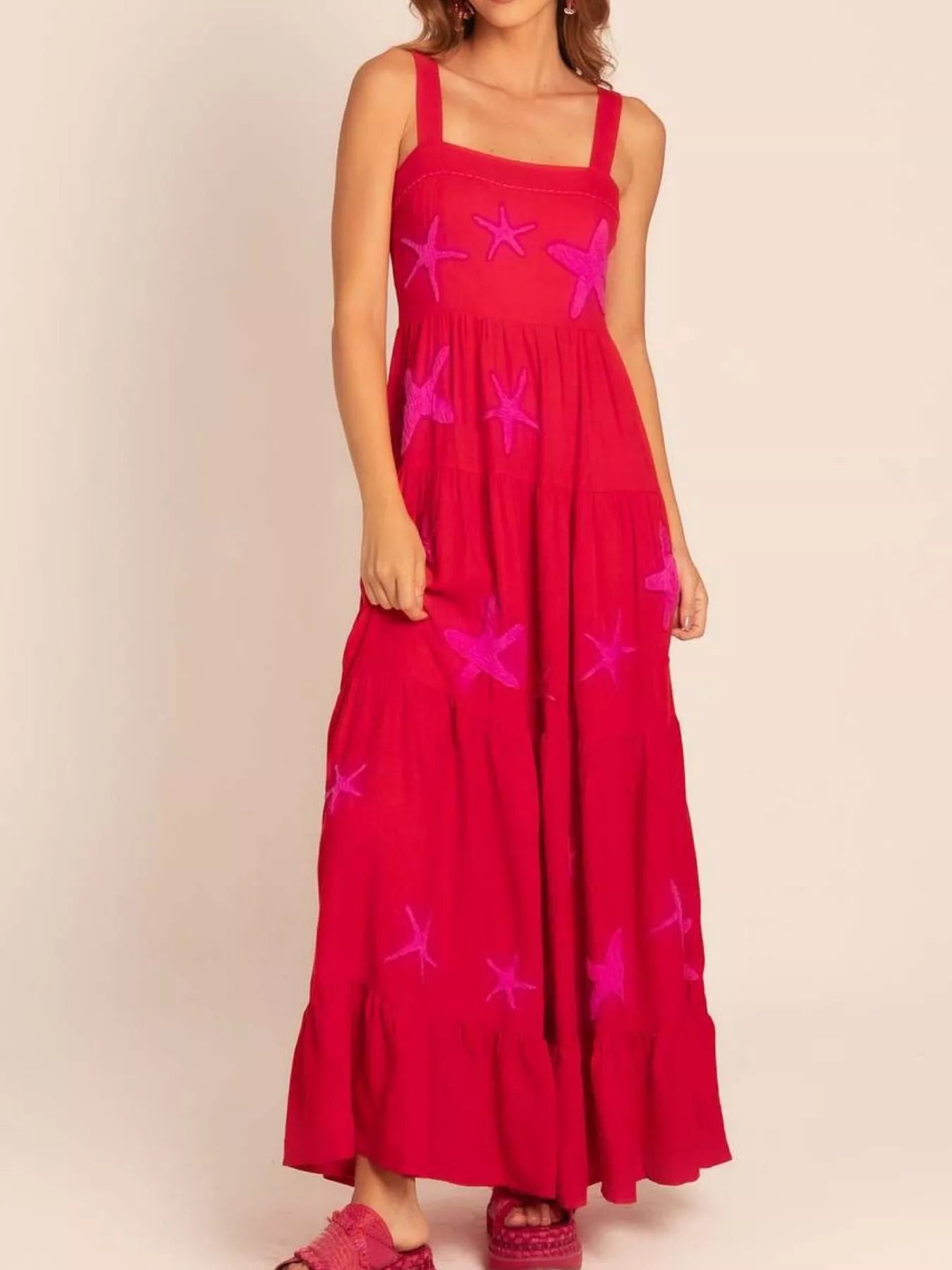 Embroidered Square Neck Tiered Maxi Cami Dress - MAD RUFFI