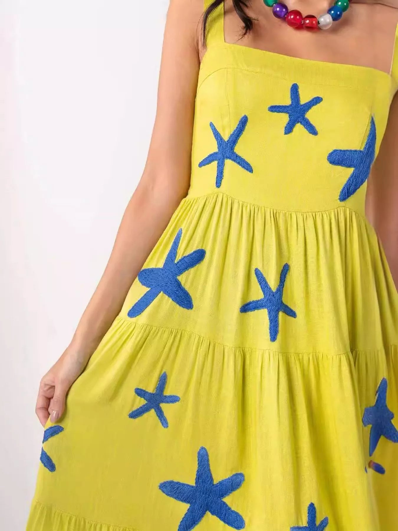 Embroidered Square Neck Tiered Maxi Cami Dress - MAD RUFFI