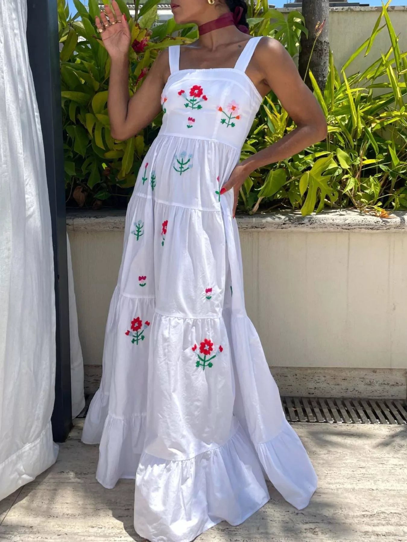 Embroidered Square Neck Tiered Maxi Cami Dress - MAD RUFFI