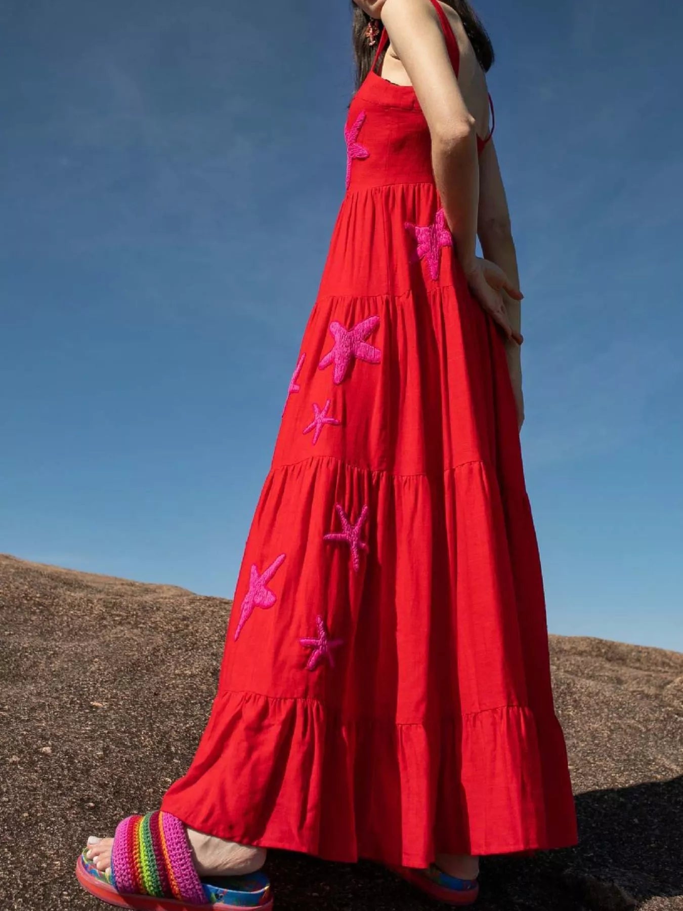 Embroidered Square Neck Tiered Maxi Cami Dress - MAD RUFFI