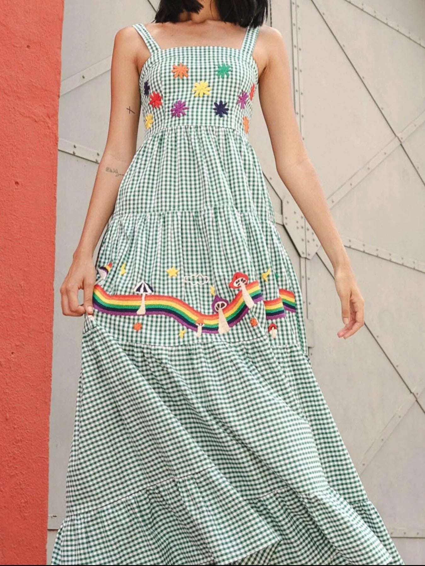 Embroidered Square Neck Tiered Maxi Cami Dress - MAD RUFFI