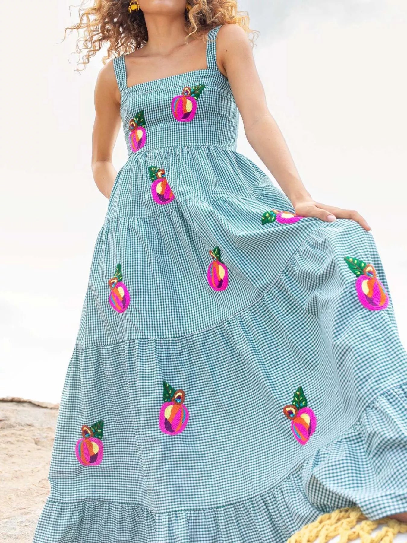 Embroidered Square Neck Tiered Maxi Cami Dress - MAD RUFFI