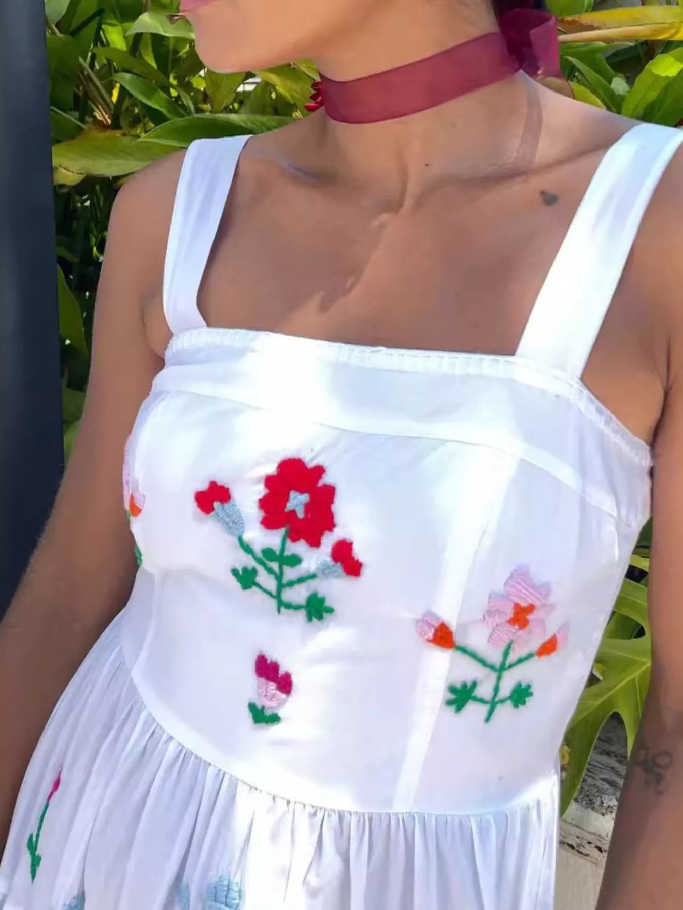 Embroidered Square Neck Tiered Maxi Cami Dress - MAD RUFFI