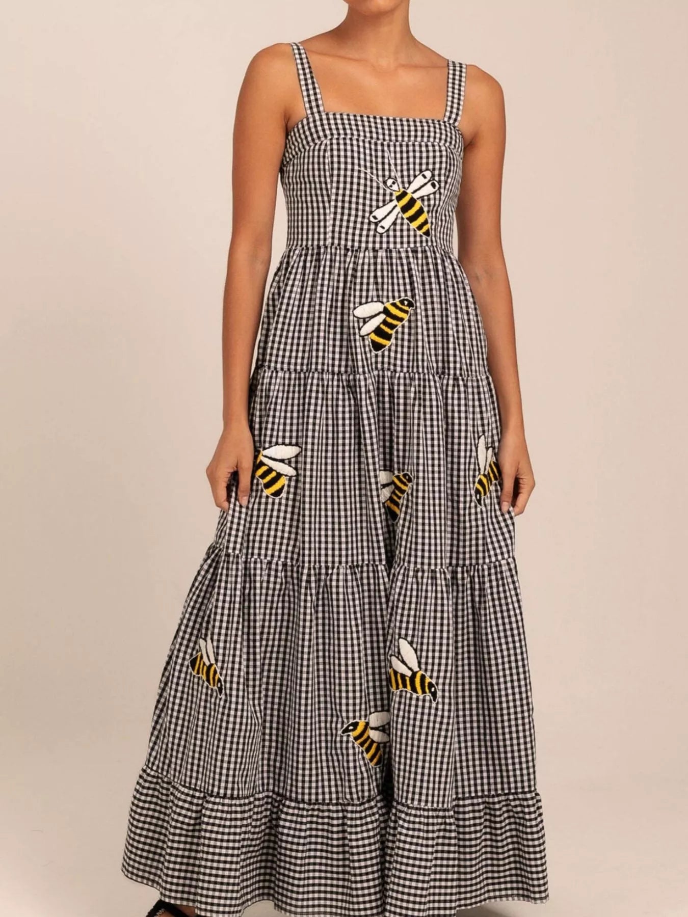 Embroidered Square Neck Tiered Maxi Cami Dress - MAD RUFFI