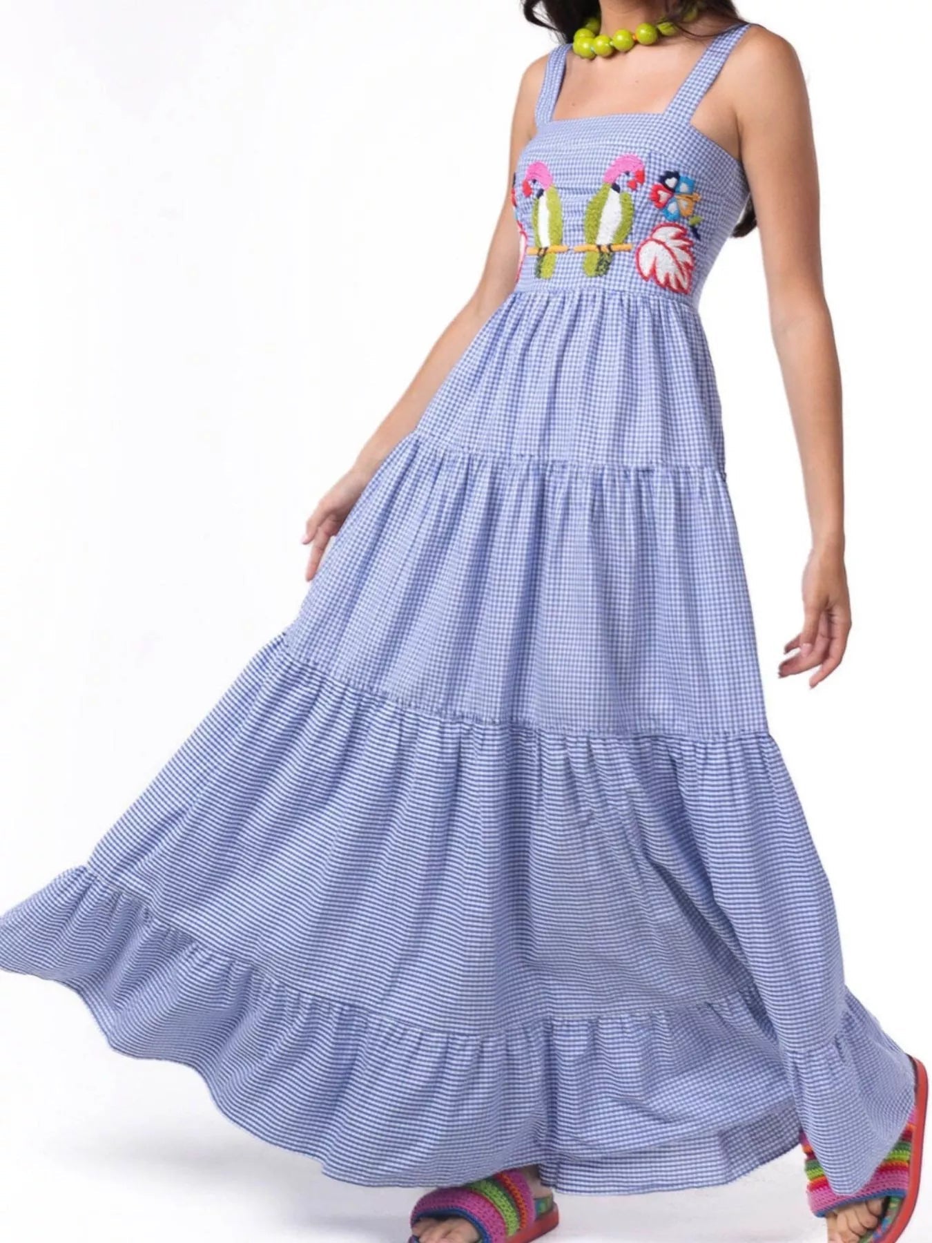 Embroidered Square Neck Tiered Maxi Cami Dress - MAD RUFFI