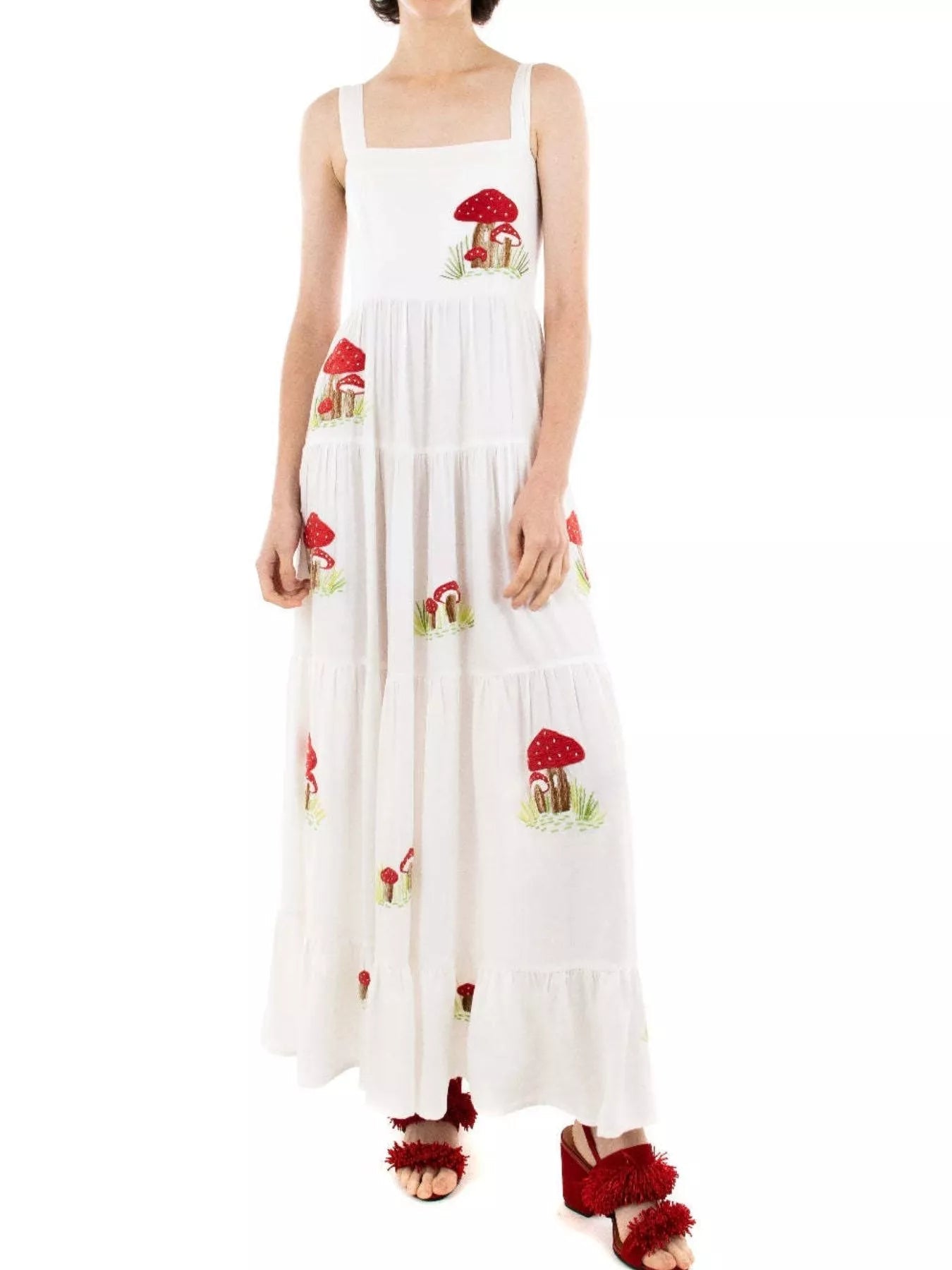 Embroidered Square Neck Tiered Maxi Cami Dress - MAD RUFFI