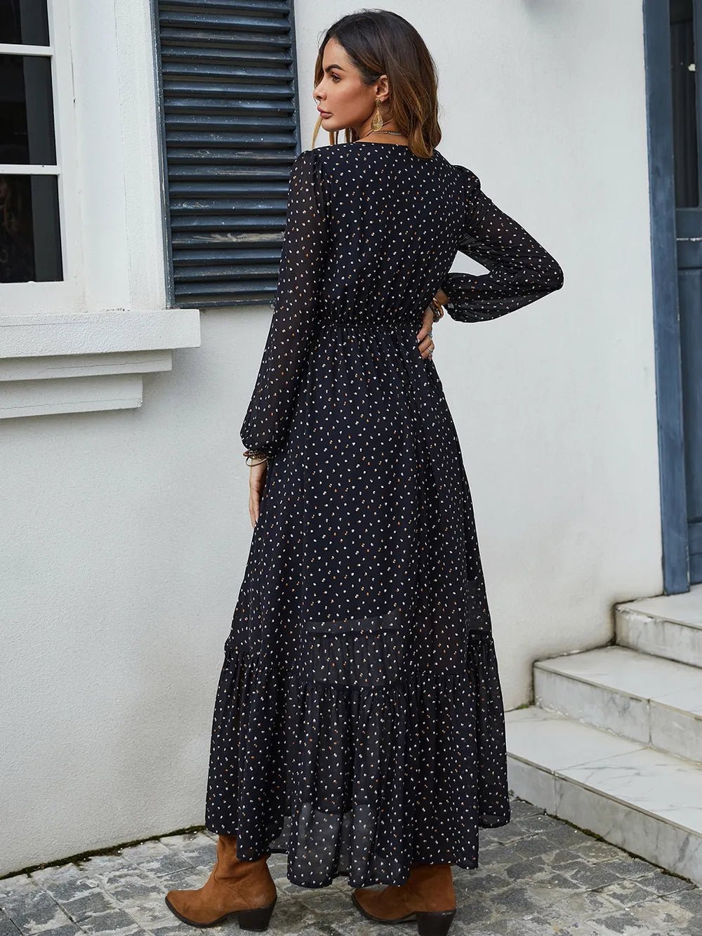 Embroidered V - Neck Long Sleeve Dress - MAD RUFFI