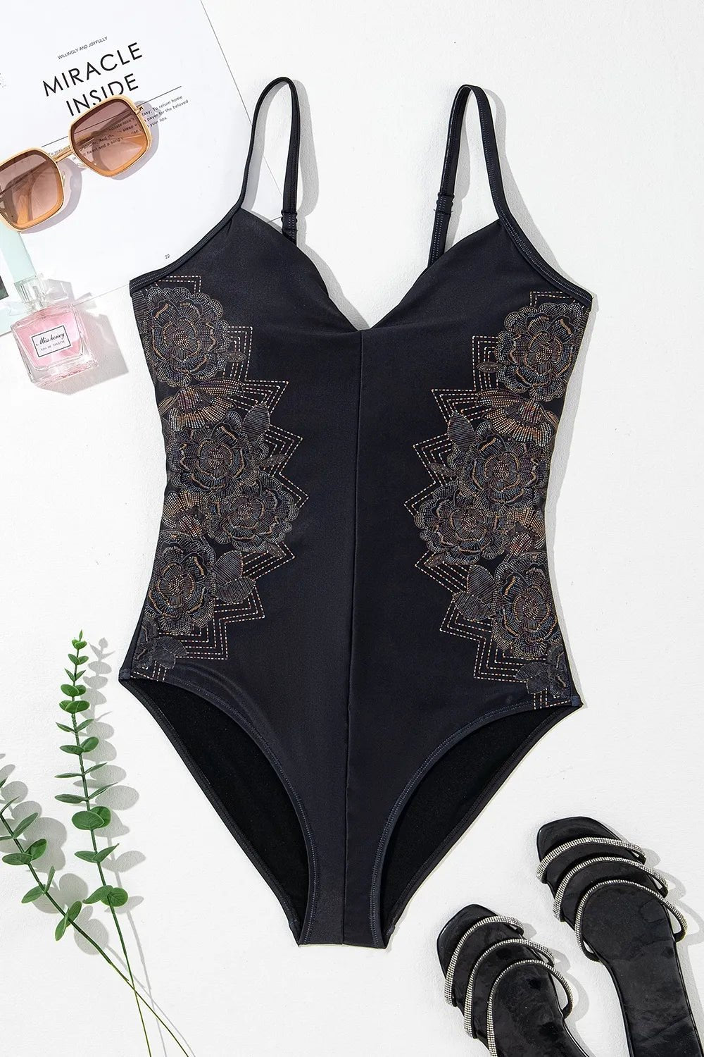 Embroidered V - Neck One - Piece Swimwear - MAD RUFFI