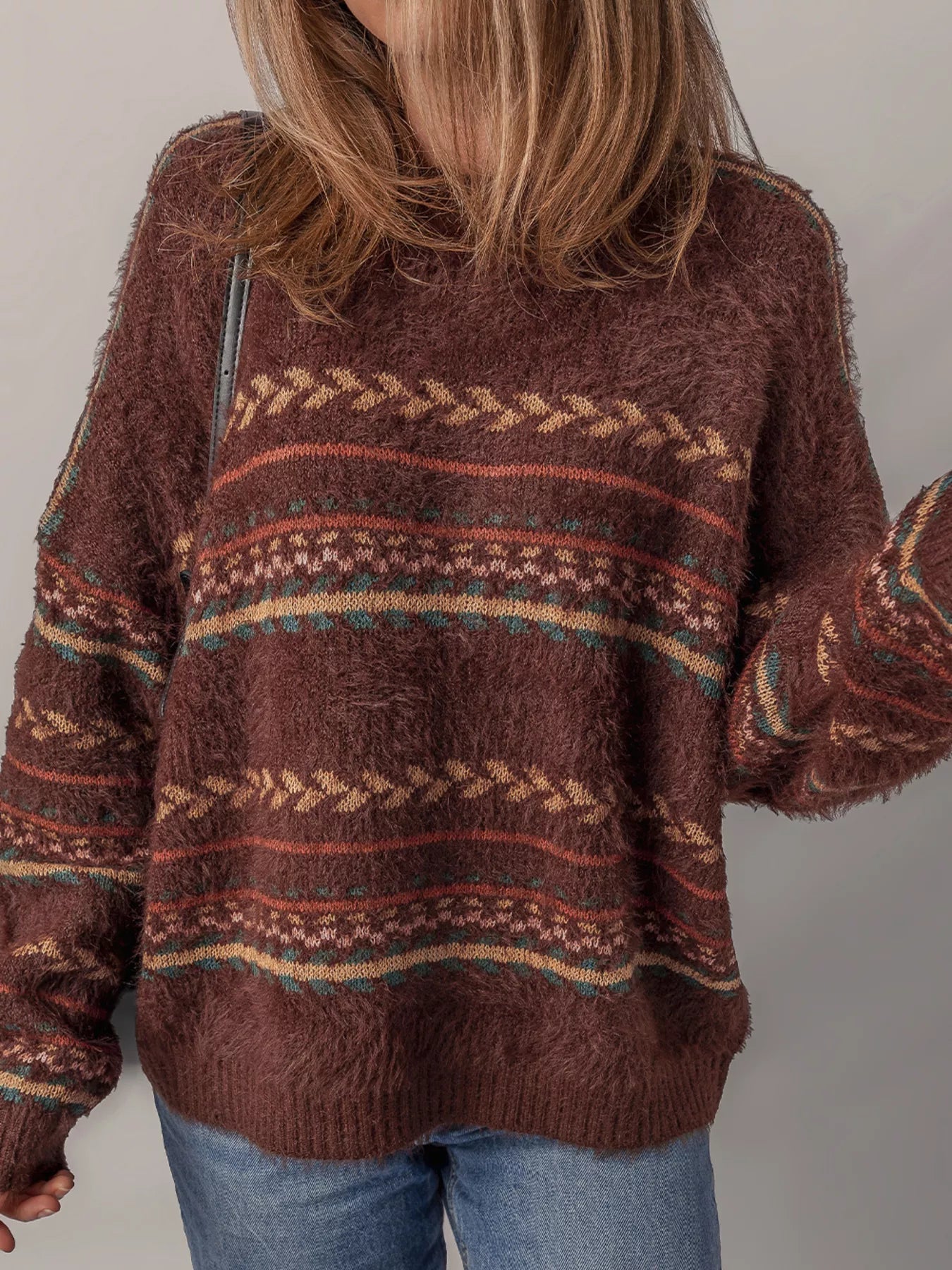 Ethnic Pattern Mohair Knitted Drop Shoulder Sweater - MAD RUFFI