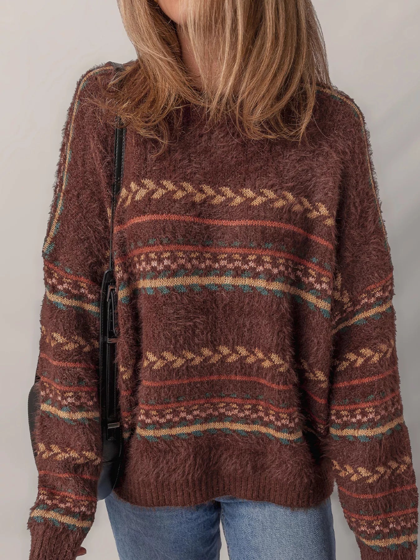 Ethnic Pattern Mohair Knitted Drop Shoulder Sweater - MAD RUFFI