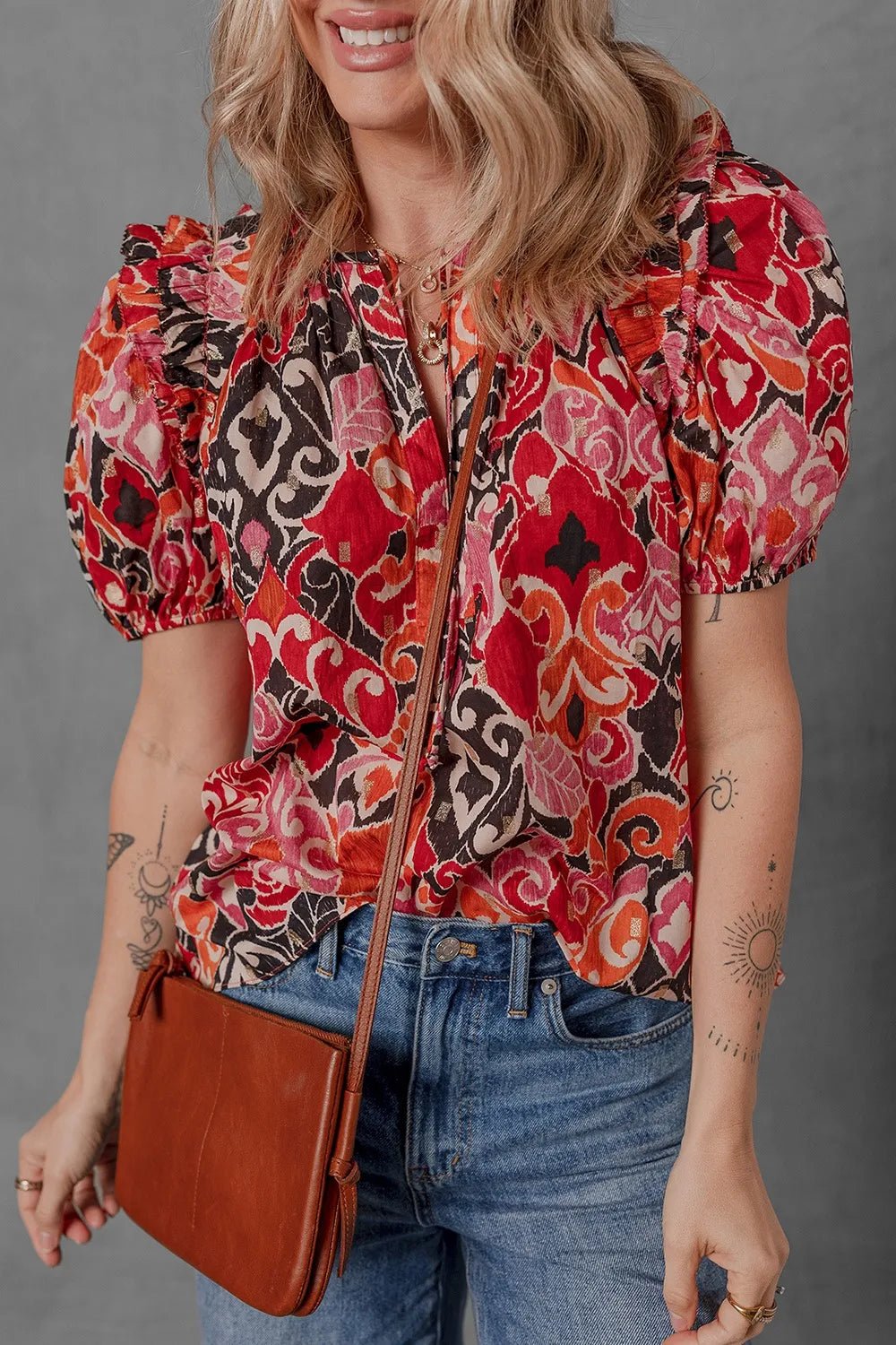 Ethnic Print Split Neck Short Puff Sleeve Blouse - MAD RUFFI