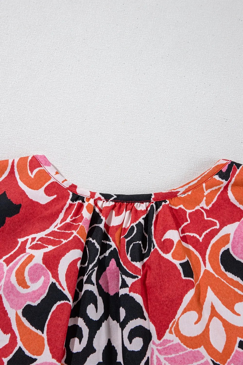 Ethnic Print Split Neck Short Puff Sleeve Blouse - MAD RUFFI