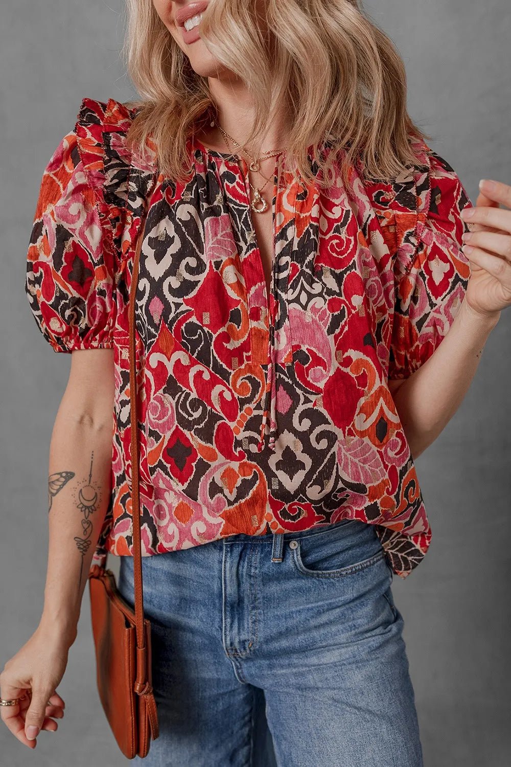 Ethnic Print Split Neck Short Puff Sleeve Blouse - MAD RUFFI