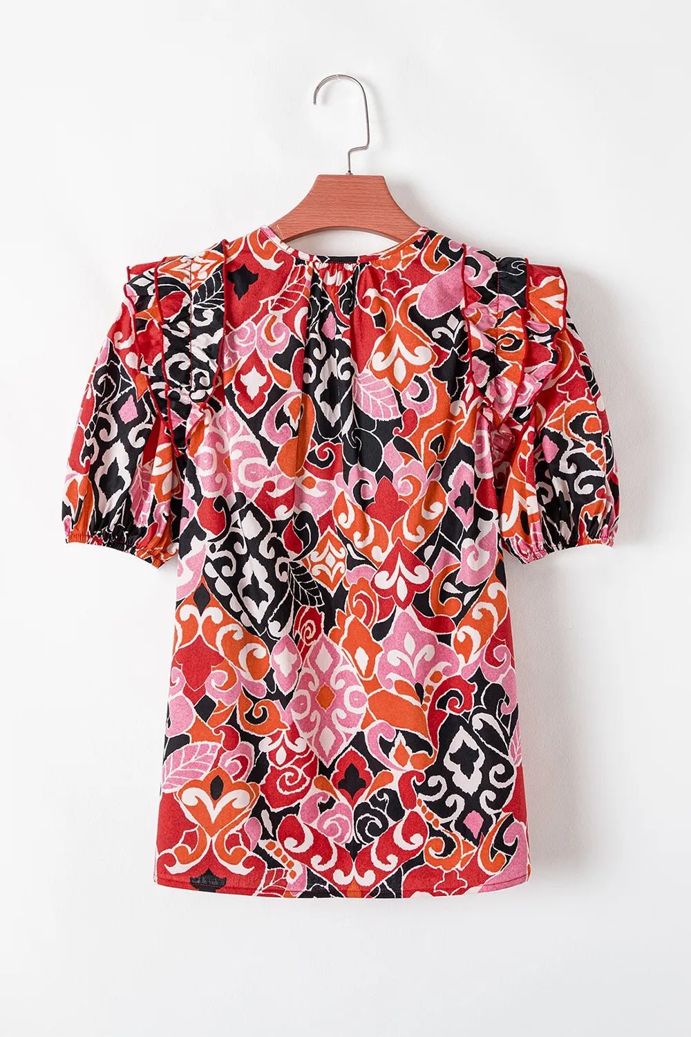 Ethnic Print Split Neck Short Puff Sleeve Blouse - MAD RUFFI
