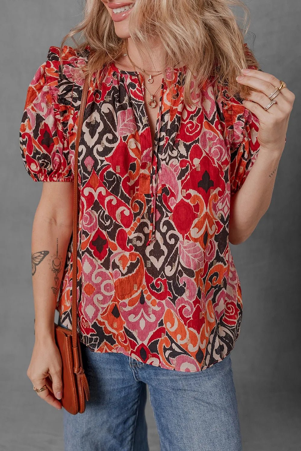 Ethnic Print Split Neck Short Puff Sleeve Blouse - MAD RUFFI