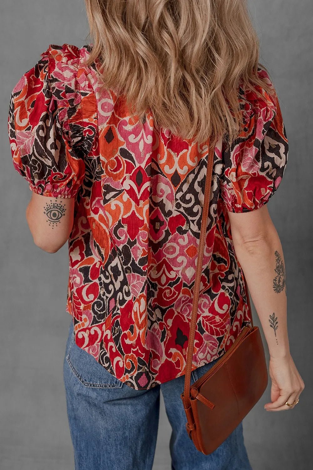Ethnic Print Split Neck Short Puff Sleeve Blouse - MAD RUFFI