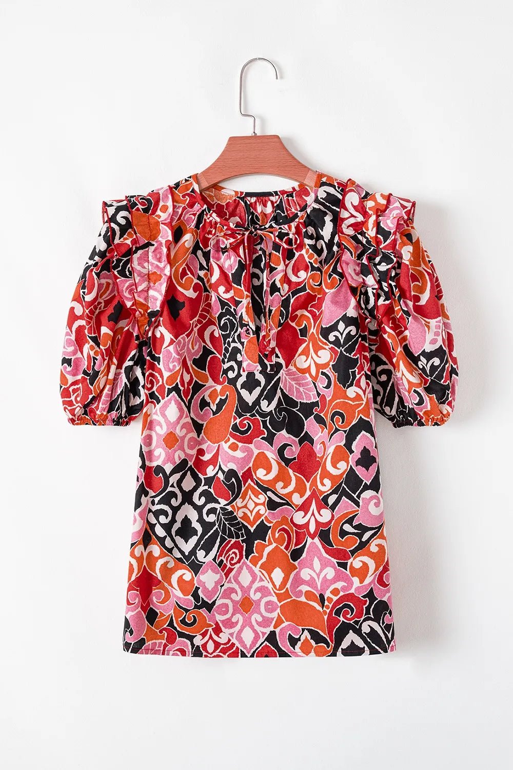 Ethnic Print Split Neck Short Puff Sleeve Blouse - MAD RUFFI