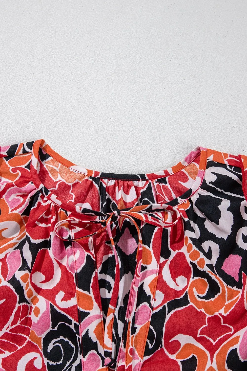 Ethnic Print Split Neck Short Puff Sleeve Blouse - MAD RUFFI