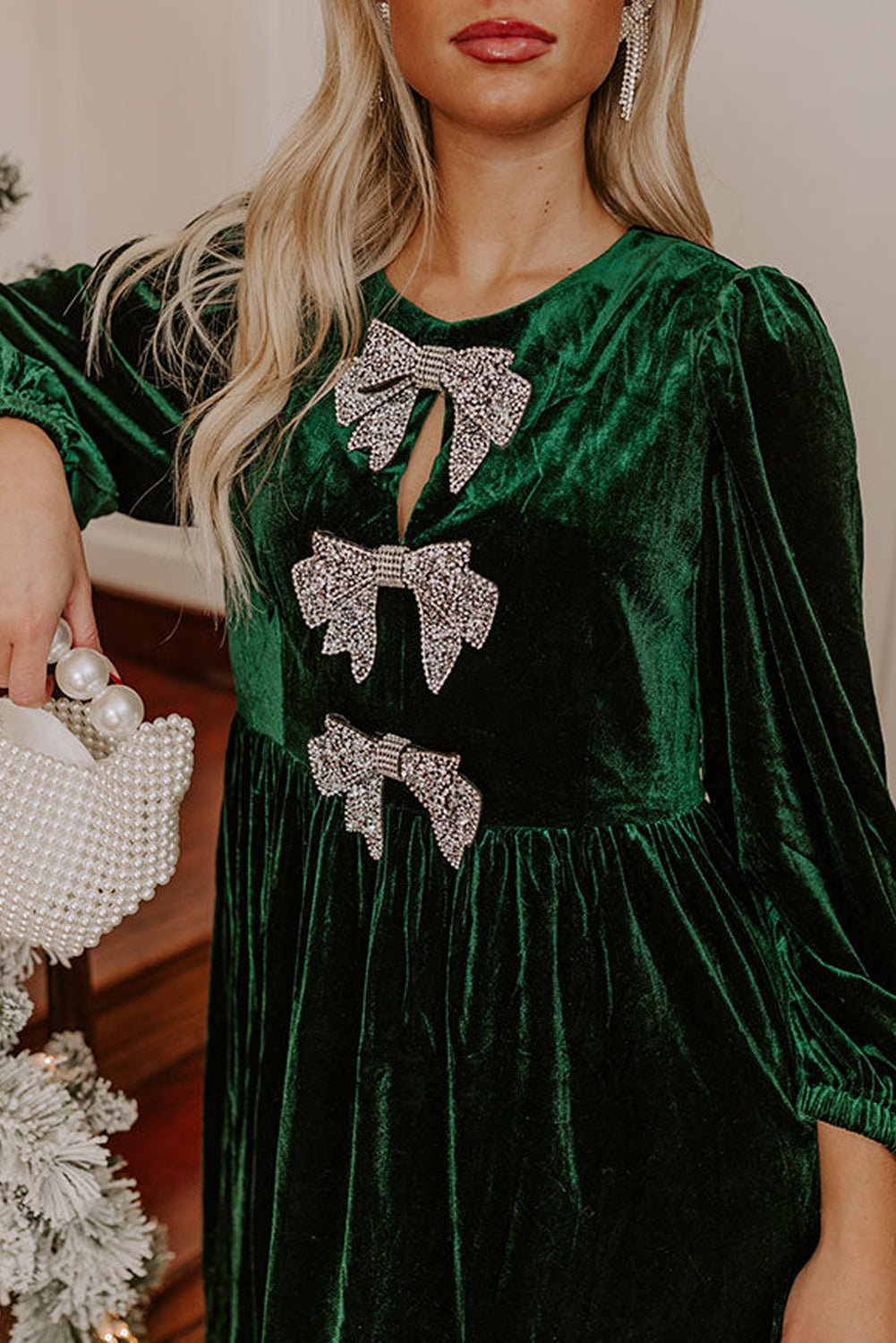 Evergreen Bowknot Decor High Waist Velvet Mini Dress - MAD RUFFI