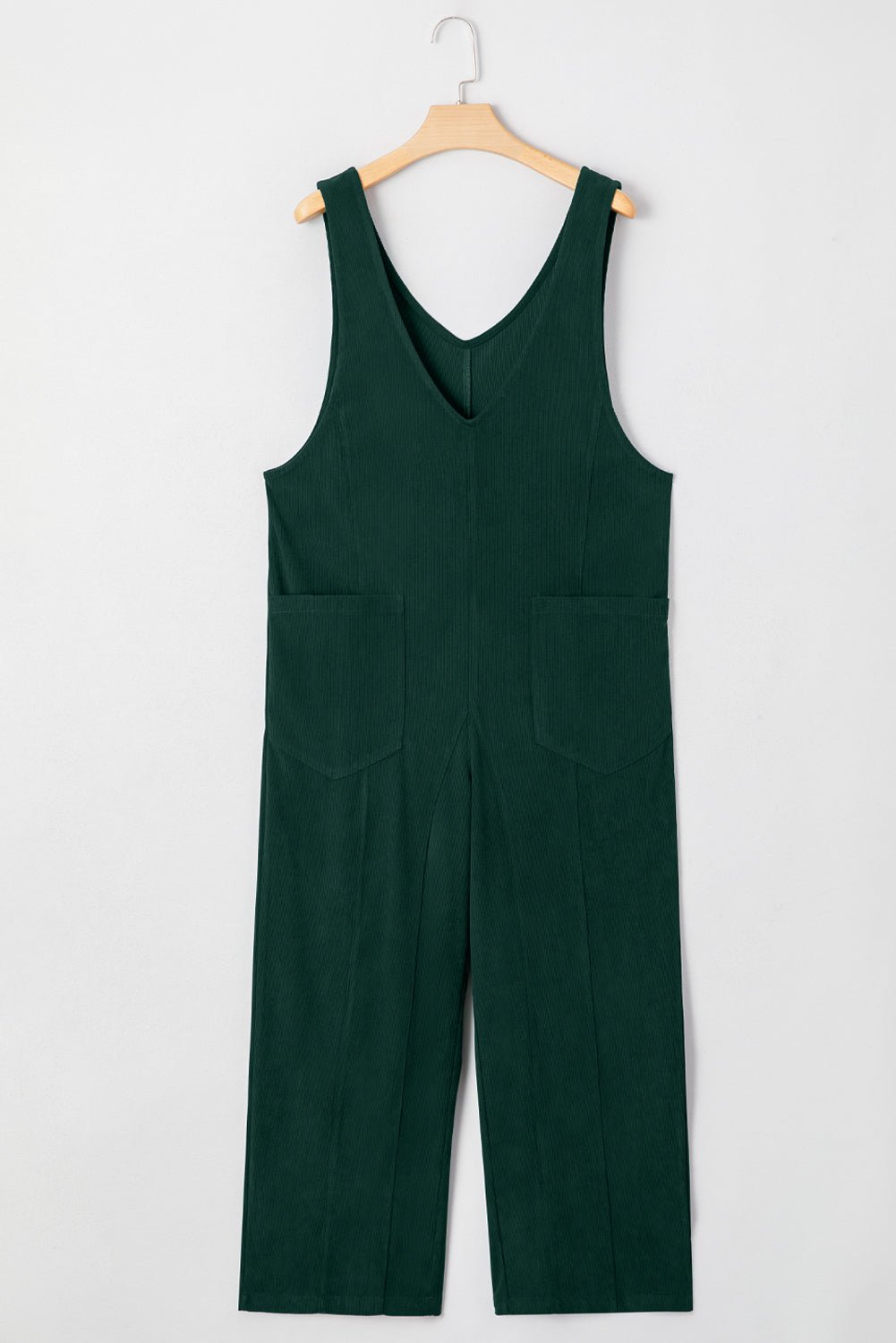 Evergreen Corduroy V Neck Patched Pocket Sleeveless Jumpsuit - MAD RUFFI