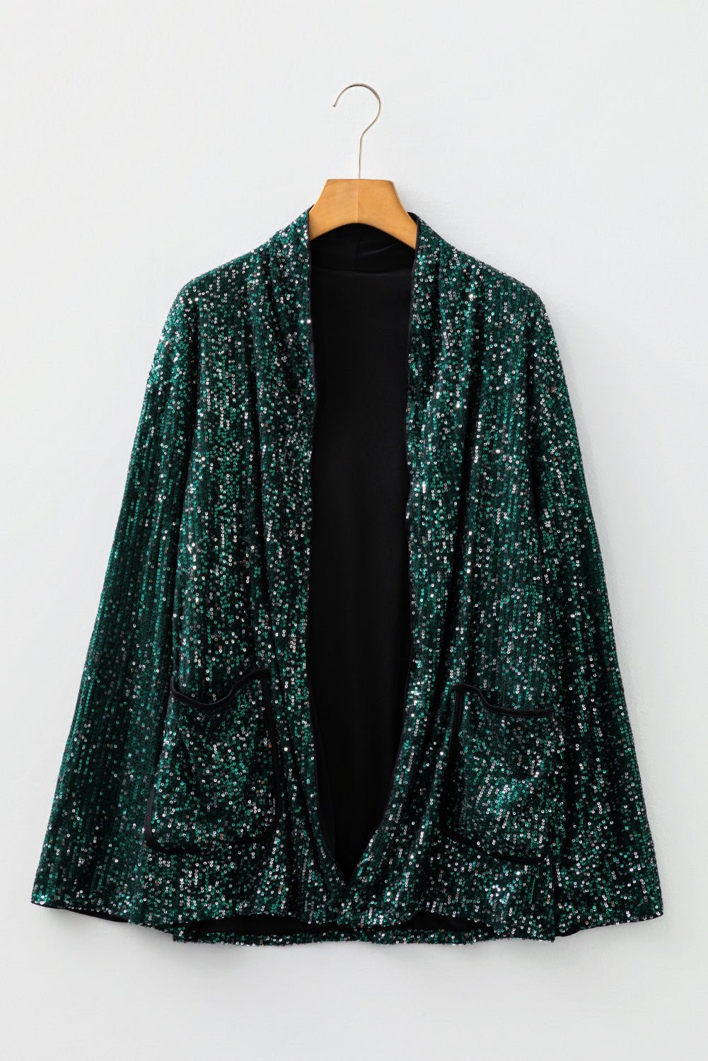 Evergreen Glitter Sequin Open Front Long Sleeve Top - MAD RUFFI